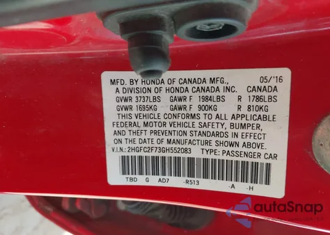 2016 Honda Civic Ex from USA, damaged, VIN 2HGFC2F73GH552083